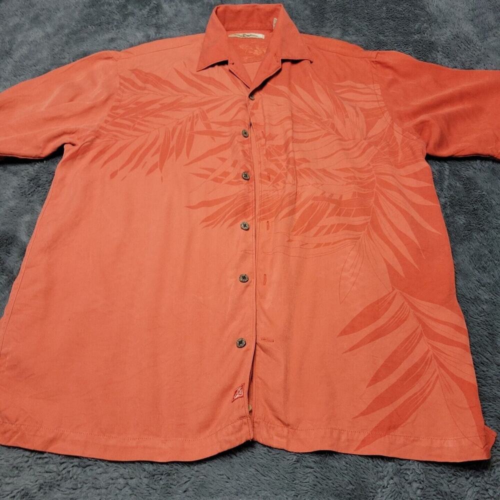 Tommy Bahama Shirt Men Medium Coral Button Palm Leaf Short Sleev Silk Colorblock